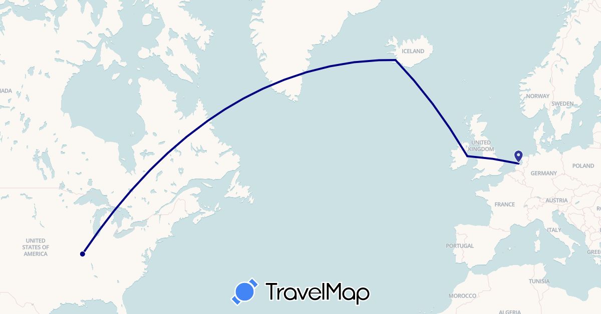 TravelMap itinerary: driving in Ireland, Iceland, Netherlands, United States (Europe, North America)